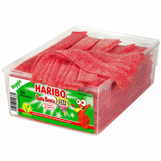 150er-Pack Haribo Pasta Basta Erdbeere FIZZ veggie (1125 g) – Fruchtige Kaubonbons mit intensivem Erdbeer-Geschmack und spritziger Säure. Perfekt für eine vegane und aufregende Nascherei. Angebot von GEtca GmbH.