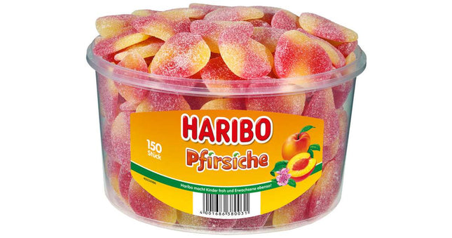 150er-Pack Haribo Pfirsiche (1350 g) – Fruchtige Gummibonbons mit intensivem Pfirsich-Geschmack und weicher Konsistenz. Perfekt für eine süße und aromatische Nascherei. Angebot von GEtca GmbH.