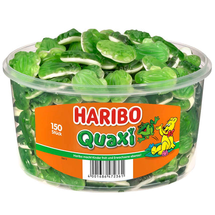 Haribo Quaxi Fruchtgummi-Frösche (150 Stück, 1050g) – grün-weiße, weiche und fruchtige Süßigkeit in transparenter Kunststoffdose, angeboten von der GEtca GmbH. Ideal zum Teilen oder als süße Nascherei für zwischendurch.
