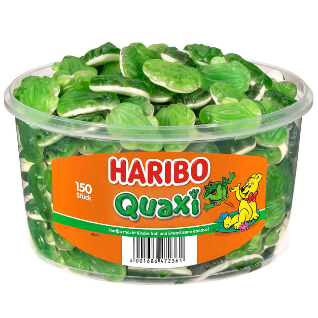 Haribo Quaxi Fruchtgummi-Frösche (150 Stück, 1050g) – grün-weiße, weiche und fruchtige Süßigkeit in transparenter Kunststoffdose, angeboten von der GEtca GmbH. Ideal zum Teilen oder als süße Nascherei für zwischendurch.