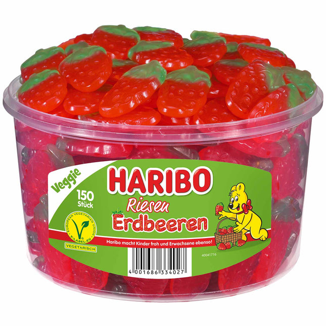 Haribo Riesen Erdbeeren Veggie (150 Stück, 1350g) – große, weiche Fruchtgummis mit intensivem Erdbeer-Geschmack, vegan und ohne Gelatine, angeboten von der GEtca GmbH. Perfekt für Naschkatzen, die fruchtige Süßigkeiten lieben.