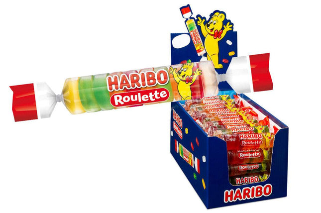Haribo Roulette – klassische, fruchtige Gummibonbons in praktischer Rollenform, angeboten von der GEtca GmbH. Perfekt für unterwegs und zum Teilen.