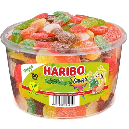150er-Pack Haribo Saure Bärenzungen (1350 g) – Zweifarbige Fruchtgummis mit intensiv-sauren Geschmacksrichtungen wie Apfel, Cola, Himbeere, Orange und Zitrone. Weiche Konsistenz für frechen Naschspaß. Angebot von GEtca GmbH.