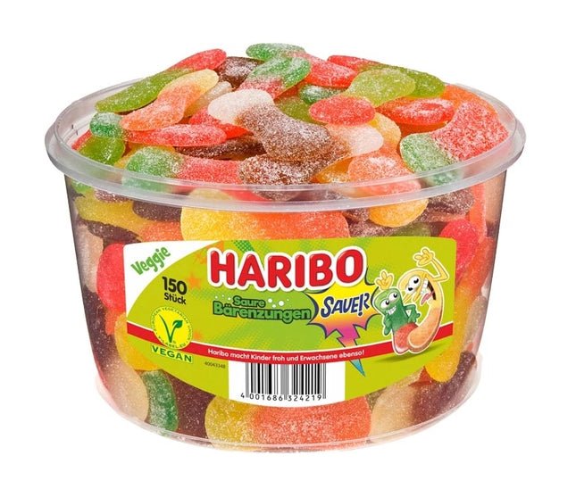 150er-Pack Haribo Saure Bärenzungen (1350 g) – Zweifarbige Fruchtgummis mit intensiv-sauren Geschmacksrichtungen wie Apfel, Cola, Himbeere, Orange und Zitrone. Weiche Konsistenz für frechen Naschspaß. Angebot von GEtca GmbH.
