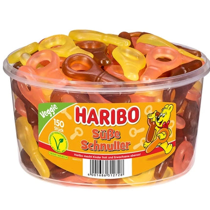 150er-Pack Haribo Süße Schnuller (1350 g) – Fruchtgummis in Schnullerform mit den beliebten Limo-Geschmacksrichtungen Cola, Orange und Zitrone. Vegetarisch und ohne künstliche Farbstoffe. Angebot von GEtca GmbH.