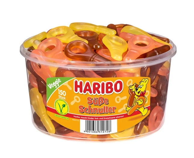 150er-Pack Haribo Süße Schnuller (1350 g) – Fruchtgummis in Schnullerform mit den beliebten Limo-Geschmacksrichtungen Cola, Orange und Zitrone. Vegetarisch und ohne künstliche Farbstoffe. Angebot von GEtca GmbH.