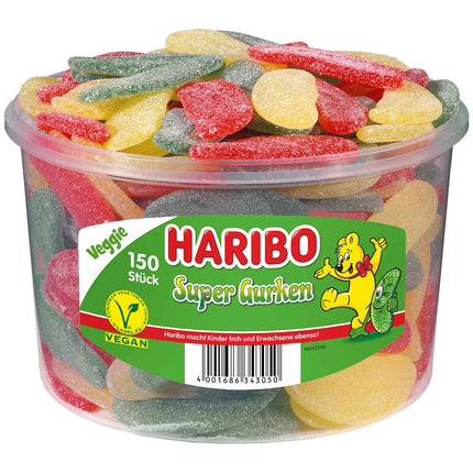 Haribo Super Gurken Veggie (150 Stück, 1350g) – saure Fruchtgummi-Gurken mit intensivem Geschmack, vegan und ohne Gelatine, angeboten von der GEtca GmbH. Perfekt für alle, die es fruchtig-sauer lieben.