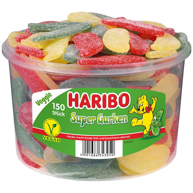 Haribo Super Gurken Veggie (150 Stück, 1350g) – saure Fruchtgummi-Gurken mit intensivem Geschmack, vegan und ohne Gelatine, angeboten von der GEtca GmbH. Perfekt für alle, die es fruchtig-sauer lieben.
