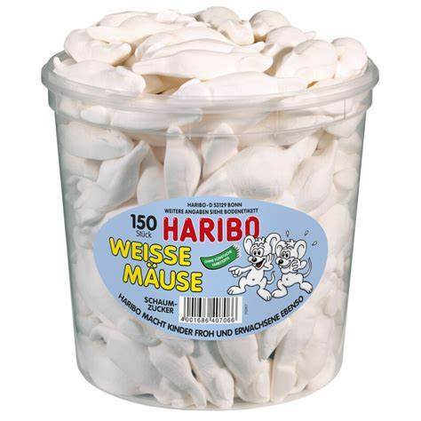 Haribo Weiße Mäuse (1050g) – weiche, schaumige Fruchtgummi-Mäuse mit mildem Geschmack, angeboten von der GEtca GmbH. Perfekt für Naschkatzen, die fluffige Süßigkeiten mögen.