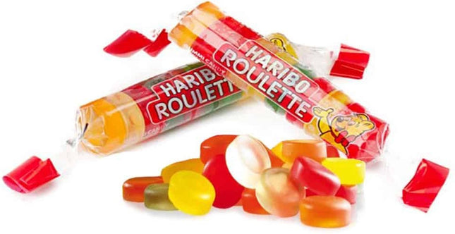 Haribo Roulette – klassische, fruchtige Gummibonbons in praktischer Rollenform, angeboten von der GEtca GmbH. Perfekt für unterwegs und zum Teilen.