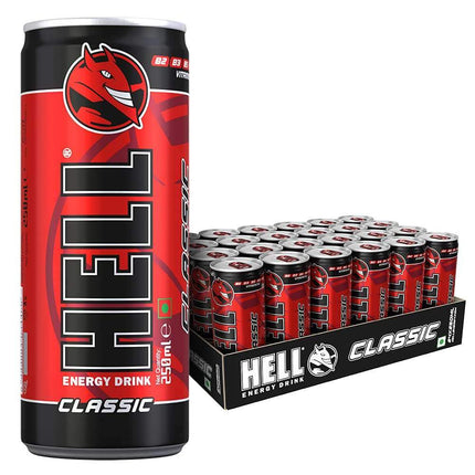 HELL Classic Energy Drink Dose und Karton, 250ml, rote Verpackung mit Teufel-Logo