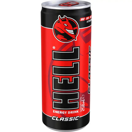 Hell Classic Energy Drink Dose, 250ml, rote und schwarze Verpackung mit Teufel-Logo
