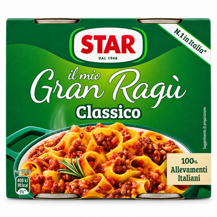 STAR il mio Gran Ragù Classico 2 × 180 g, grüne Doppelpackung mit Tagliatelle und Fleischsauce als Serviervorschlag“