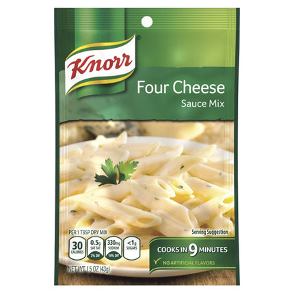 Die Packung Knorr Four Cheese 45g der Firma GEtca GmbH enthält zehn Portionsbeutel mit einer cremigen Käsemischung aus vier Käsesorten – ideal für eine schnelle und köstliche Mahlzeit.