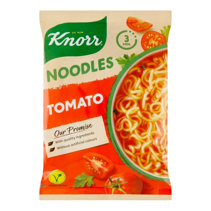 DDie Packung Knorr Noodle Tomato 65g der Firma GEtca GmbH enthält zweiundzwanzig Portionsbeutel mit würziger Tomatennudelmischung – ideal für eine schnelle und sättigende Mahlzeit.