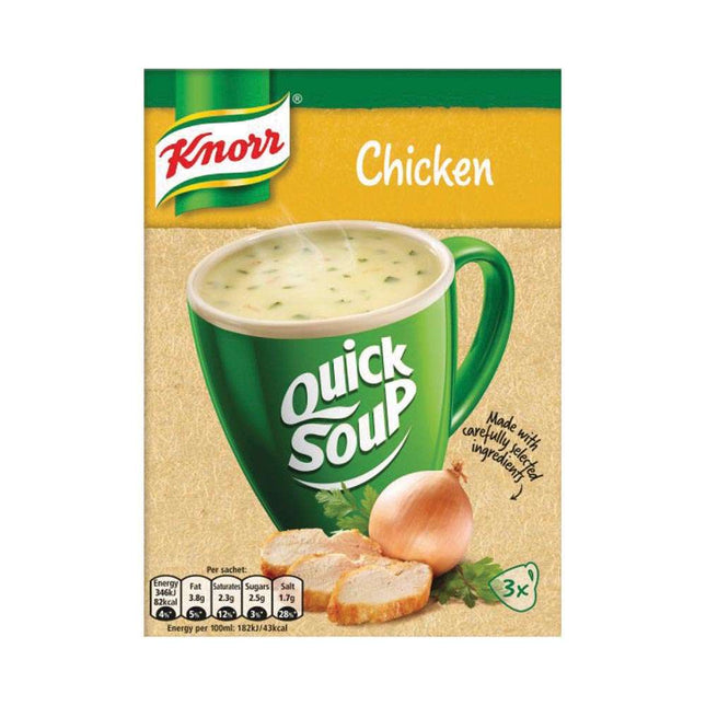Die Packung Knorr Quick Soup Chicken 16g der Firma GEtca GmbH enthält zehn praktische Portionsbeutel mit Instant-Hühnersuppe, ideal für eine schnelle und unkomplizierte Zubereitung.