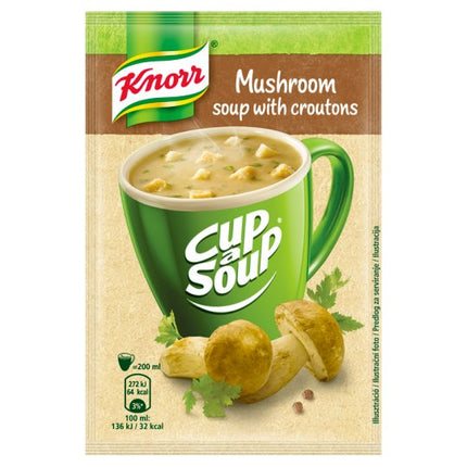 Die Packung Knorr Cup a Soup Pilze mit Croutons 15g der Firma GEtca GmbH enthält zehn Portionsbeutel mit cremiger Pilzsuppe und knusprigen Croutons – perfekt für eine schnelle und genussvolle Pause.