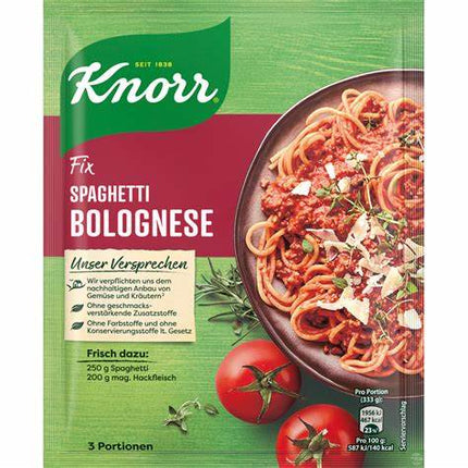 Die Packung Knorr Fix Spaghetti Bolognese 41g der Firma GEtca GmbH enthält zehn Portionsbeutel mit herzhaft-würziger Würzmischung für klassische Spaghetti Bolognese – ideal für eine schnelle und aromatische Zubereitung.