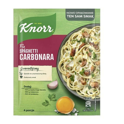 Die Packung Knorr Fix Spaghetti Carbonara 38g der Firma GEtca GmbH enthält zehn Portionsbeutel mit cremiger Würzmischung für klassische Spaghetti Carbonara – ideal für eine schnelle und unkomplizierte Zubereitung.