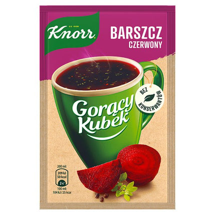 Die Packung Knorr Quick Soup Borscht 14g der Firma GEtca GmbH enthält zehn Portionsbeutel mit aromatischer Rote-Bete-Suppe, inspiriert von der traditionellen osteuropäischen Küche – ideal für eine schnelle und herzhafte Mahlzeit.
