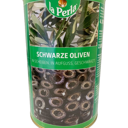 La Perla geschnittenen schwarzen Oliven in der 4,1 kg Dose mit 2,0 kg Nettogewicht – mild-würzige Olivenringe in Lake, ideal für Pizza, Salate und mediterrane Gerichte in Gastronomie und Großküche. Dieses Produkt wird angeboten von Getca GmbH.