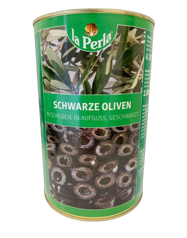 La Perla geschnittenen schwarzen Oliven in der 4,1 kg Dose mit 2,0 kg Nettogewicht – mild-würzige Olivenringe in Lake, ideal für Pizza, Salate und mediterrane Gerichte in Gastronomie und Großküche. Dieses Produkt wird angeboten von Getca GmbH.