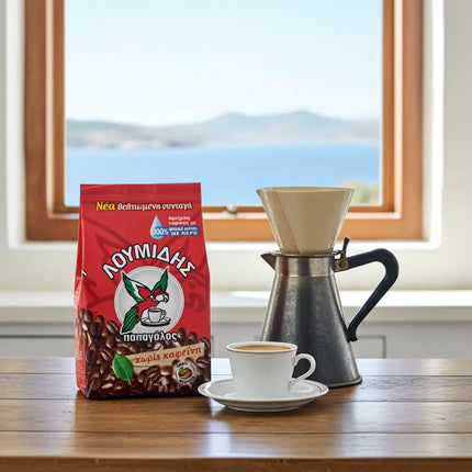 Loumidis Decaf griechischer Kaffee 143 g – fein gemahlen, ohne Koffein und besonders aromatisch.