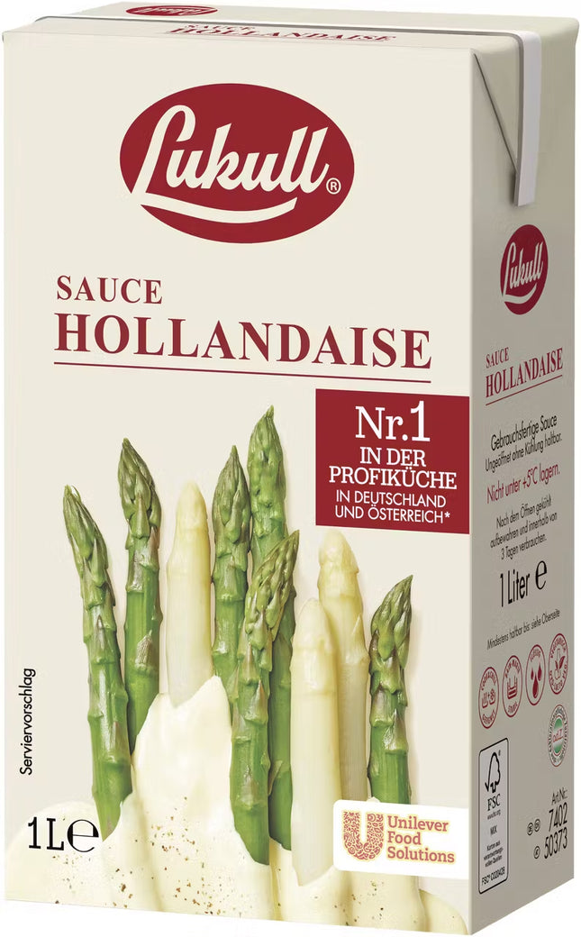 Lukull Sauce Hollandaise in der 1-Liter-Packung – sofort einsetzbare, cremige Sauce auf pflanzlicher Basis, ideal zu Spargel, Gemüse, Fisch und Fleisch in Gastronomie und Großküche. Dieses Produkt wird angeboten von Getca GmbH.