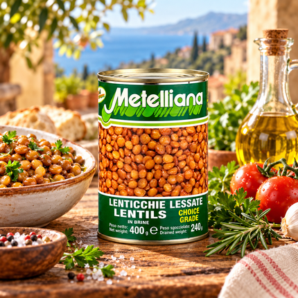 Metelliana Lenticchie Linsen 400 g mit einer Schale Linsen, Tomaten und Olivenöl in mediterraner Kulisse