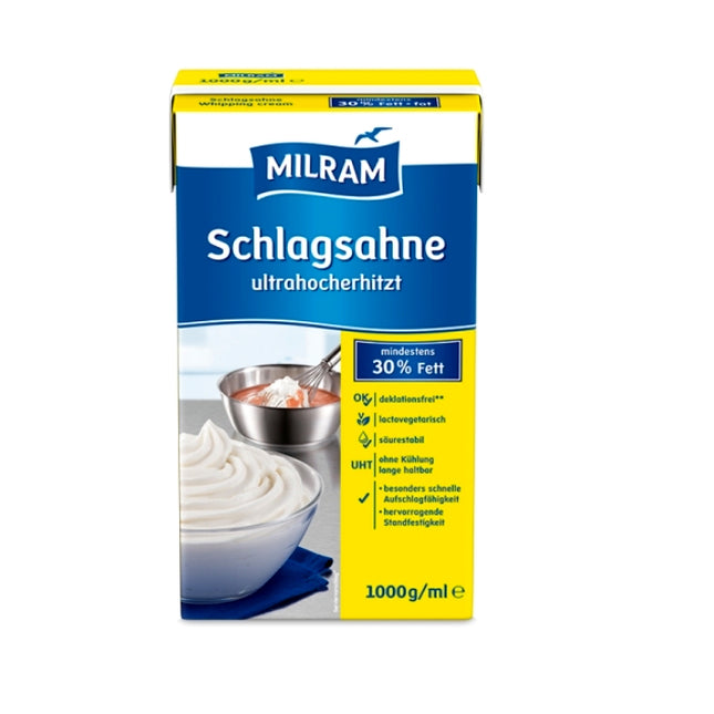 MILRAM Haltbaren Schlagsahne mit 30 % Fett in der 1 L Faltschachtel – ultrahocherhitzte Sahne mit cremiger Konsistenz, ideal zum Aufschlagen, Verfeinern und Kochen in Gastronomie und Großküche. Dieses Produkt wird angeboten von Getca GmbH.