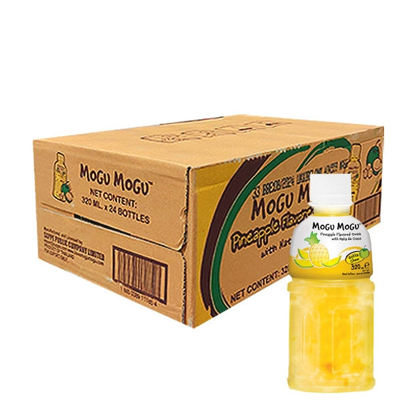 Produktbild von Mogu Mogu Ananas mit Nata de Coco, 24 Flaschen à 320 ml. Erfrischungsgetränk mit spritzigem Ananasgeschmack und exotischen Kokosgel-Stückchen. Angebot von Getca GmbH.