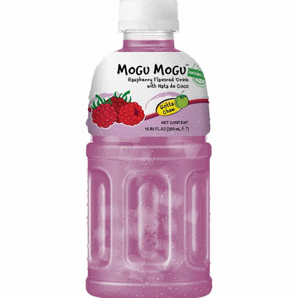 Produktbild von Mogu Mogu Himbeere mit Nata de Coco, 24 Flaschen à 320 ml. Erfrischungsgetränk mit fruchtigem Himbeergeschmack und exotischen Kokosgel-Stückchen. Angebot von Getca GmbH.