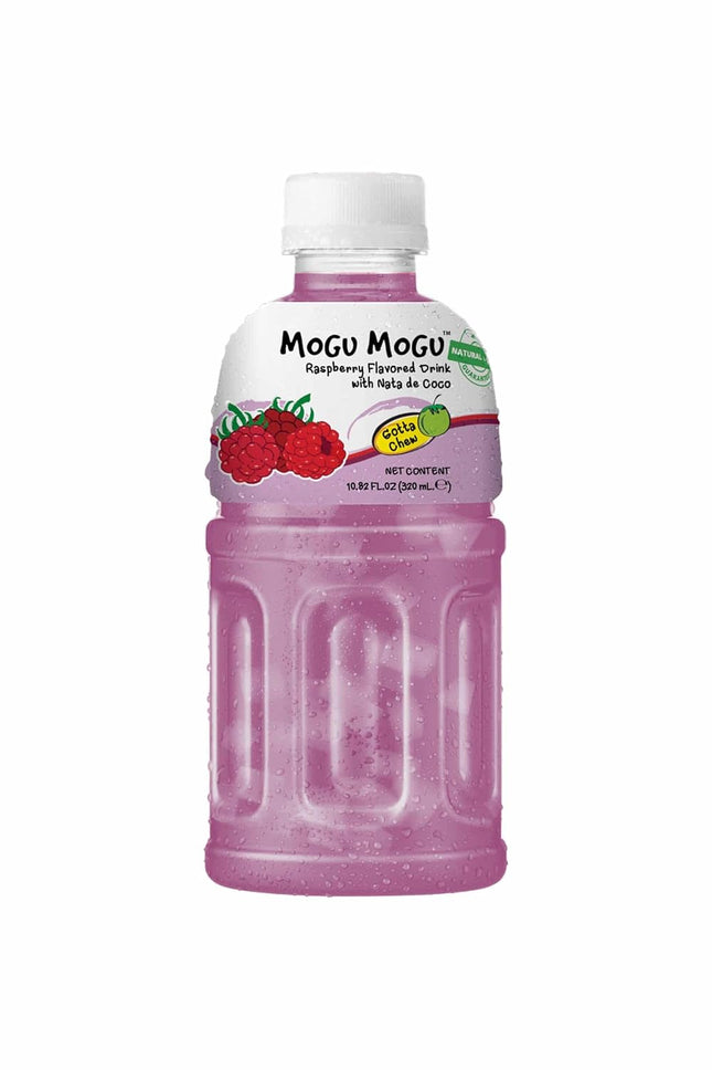 Produktbild von Mogu Mogu Himbeere mit Nata de Coco, 24 Flaschen à 320 ml. Erfrischungsgetränk mit fruchtigem Himbeergeschmack und exotischen Kokosgel-Stückchen. Angebot von Getca GmbH.