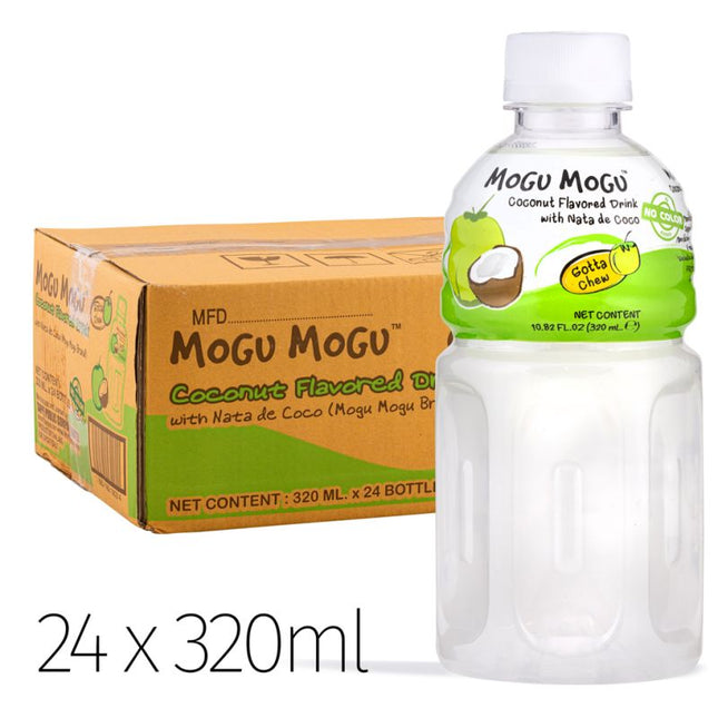 Produktbild von Mogu Mogu Kokosnuss mit Nata de Coco, 24 Flaschen à 320 ml. Exotisches Erfrischungsgetränk mit natürlichem Kokosgeschmack und Kokosgel-Stückchen. Angebot von Getca GmbH.