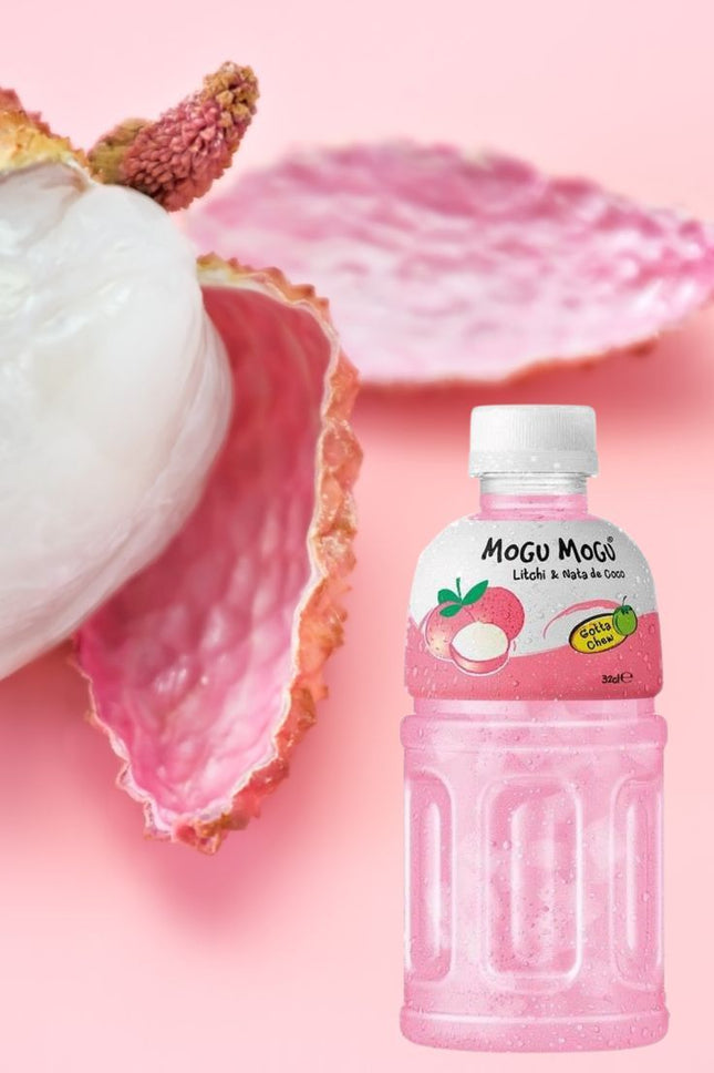 Erfrischungsgetränk Mogu Mogu Litschi (320 ml) mit fruchtigem Litschigeschmack und Nata-de-Coco-Stückchen – erhältlich bei GEtca GmbH.