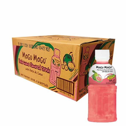 Produktbild von Mogu Mogu Pink Guave mit Nata de Coco, 24 Flaschen à 320 ml. Exotisches Erfrischungsgetränk mit intensivem Guavengeschmack und Kokosgel-Stückchen. Angebot von Getca GmbH.