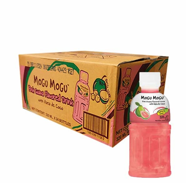 Produktbild von Mogu Mogu Pink Guave mit Nata de Coco, 24 Flaschen à 320 ml. Exotisches Erfrischungsgetränk mit intensivem Guavengeschmack und Kokosgel-Stückchen. Angebot von Getca GmbH.