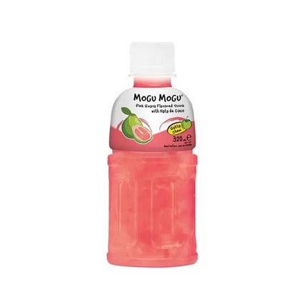 Produktbild von Mogu Mogu Pink Guave mit Nata de Coco, 24 Flaschen à 320 ml. Exotisches Erfrischungsgetränk mit intensivem Guavengeschmack und Kokosgel-Stückchen. Angebot von Getca GmbH.