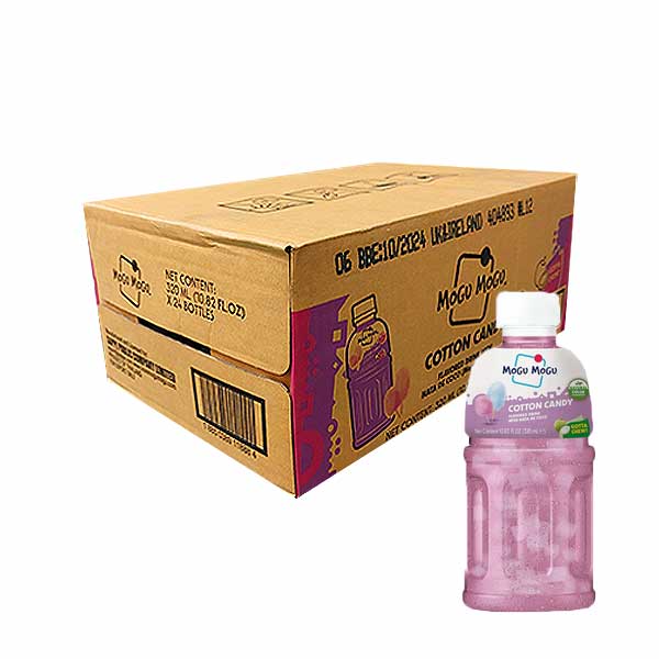 Produktbild von Mogu Mogu Zuckerwatte mit Nata de Coco, 24 Flaschen à 320 ml. Süßes Erfrischungsgetränk mit Zuckerwatte-Geschmack und Kokosgel-Stückchen. Angebot von Getca GmbH.