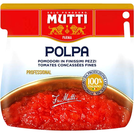 MUTTI Polpa Tomatenfruchtfleisch in der 5-kg-Dose – fein gehacktes Tomatenfruchtfleisch aus 100 % italienischen Tomaten, mit frischem Geschmack und sämiger Konsistenz, ideal für Saucen, Pasta und mediterrane Gerichte in Gastronomie und Großküche. Dieses Produkt wird angeboten von Getca GmbH.