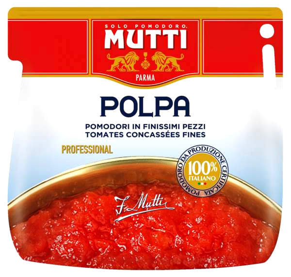 MUTTI Polpa Tomatenfruchtfleisch in der 5-kg-Dose – fein gehacktes Tomatenfruchtfleisch aus 100 % italienischen Tomaten, mit frischem Geschmack und sämiger Konsistenz, ideal für Saucen, Pasta und mediterrane Gerichte in Gastronomie und Großküche. Dieses Produkt wird angeboten von Getca GmbH.