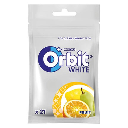 Orbit White Fruit Bag 28g ist ein zuckerfreier Kaugummi mit Süßstoffen und einem fruchtigen Geschmack. Perfekt für alle, die einen langanhaltenden, frischen Atem genießen möchten! Das Produkt wird von der GEtca GmbH angeboten.