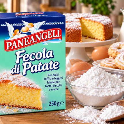 Paneangeli Kartoffelstärke 250 g mit Kuchen und Backzutaten