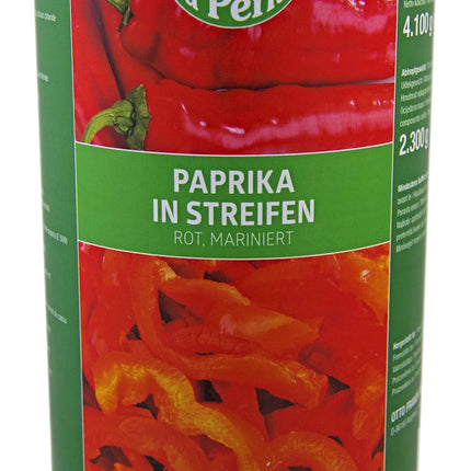 La Perla Premium Paprika in Streifen, rot und mariniert, in der 4,1 kg Dose mit 2,3 kg Nettogewicht – zarte, aromatische Paprikastreifen in würziger Marinade, ideal für Antipasti, Salate und mediterrane Gerichte in Gastronomie und Großküche. Dieses Produkt wird angeboten von Getca GmbH.