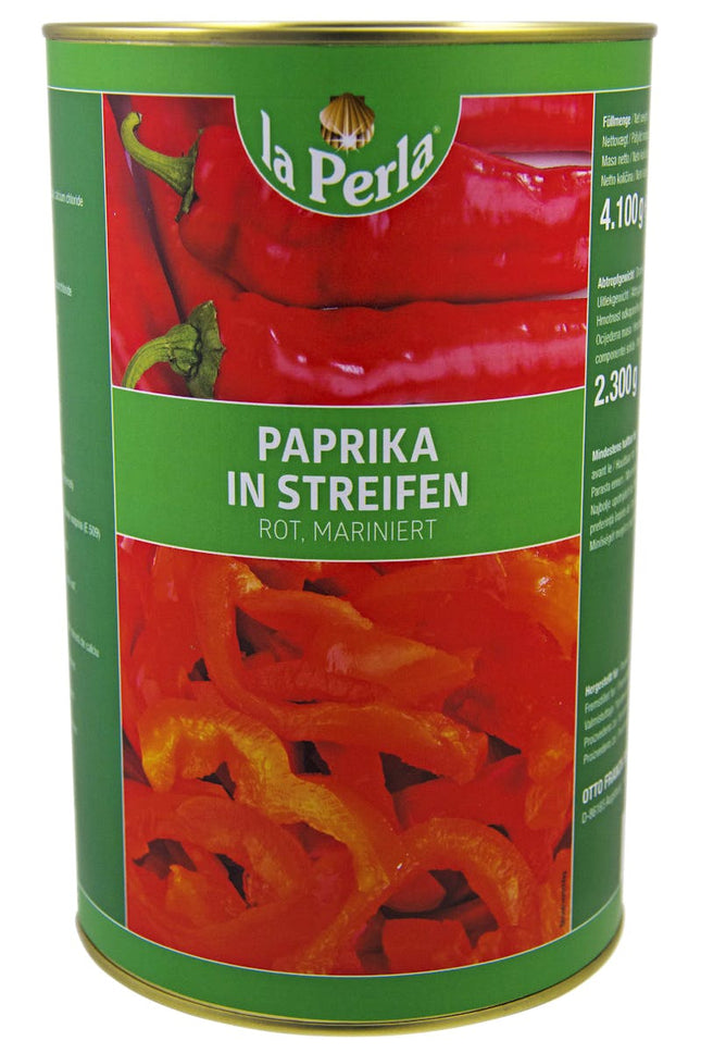 La Perla Premium Paprika in Streifen, rot und mariniert, in der 4,1 kg Dose mit 2,3 kg Nettogewicht – zarte, aromatische Paprikastreifen in würziger Marinade, ideal für Antipasti, Salate und mediterrane Gerichte in Gastronomie und Großküche. Dieses Produkt wird angeboten von Getca GmbH.