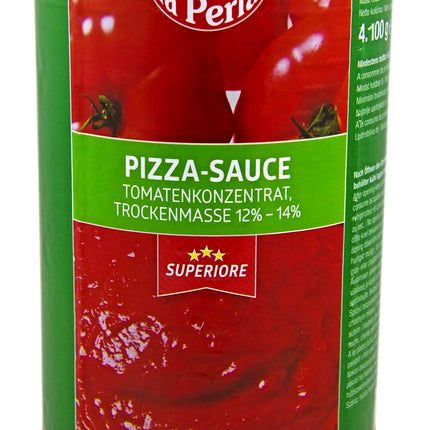 La Perla Pizza-Sauce in der 4,1 kg Großdose – fein gewürzte Tomatensauce mit sämiger Konsistenz, ideal für Pizza, Focaccia und herzhafte Snacks in Gastronomie und Großküche. Dieses Produkt wird angeboten von Getca GmbH.