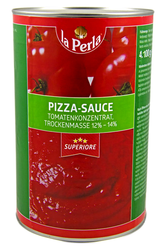 La Perla Pizza-Sauce in der 4,1 kg Großdose – fein gewürzte Tomatensauce mit sämiger Konsistenz, ideal für Pizza, Focaccia und herzhafte Snacks in Gastronomie und Großküche. Dieses Produkt wird angeboten von Getca GmbH.