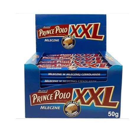 Prince Polo XXL Milk – extra große, knusprige Waffelschichten mit cremiger Milchfüllung, umhüllt von zarter Milchschokolade, angeboten von der GEtca GmbH. Perfekt für alle, die den klassischen Waffel-Schokoladen-Genuss in XXL-Format lieben!