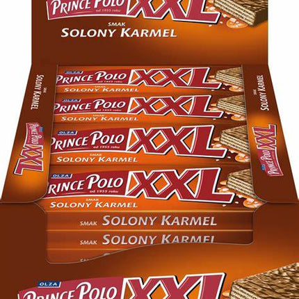 Prince Polo XXL Salty Caramel – extra große, knusprige Waffelschichten mit cremiger Karamellfüllung und einem Hauch von Salz, umhüllt von zarter Schokolade, angeboten von der GEtca GmbH. Perfekt für alle, die die unwiderstehliche Kombination aus süßem Karamell und einer feinen salzigen Note genießen möchten!