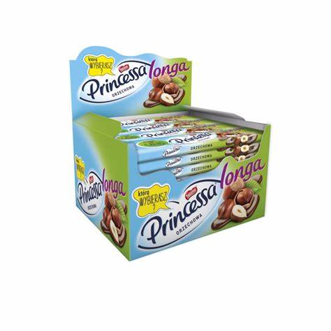 Princessa Longa Hazelnut – knusprige Waffelschichten mit cremiger Haselnussfüllung, umhüllt von zarter Schokolade, angeboten von der GEtca GmbH. Perfekt für alle, die die köstliche Kombination aus Haselnuss und Schokolade genießen möchten!